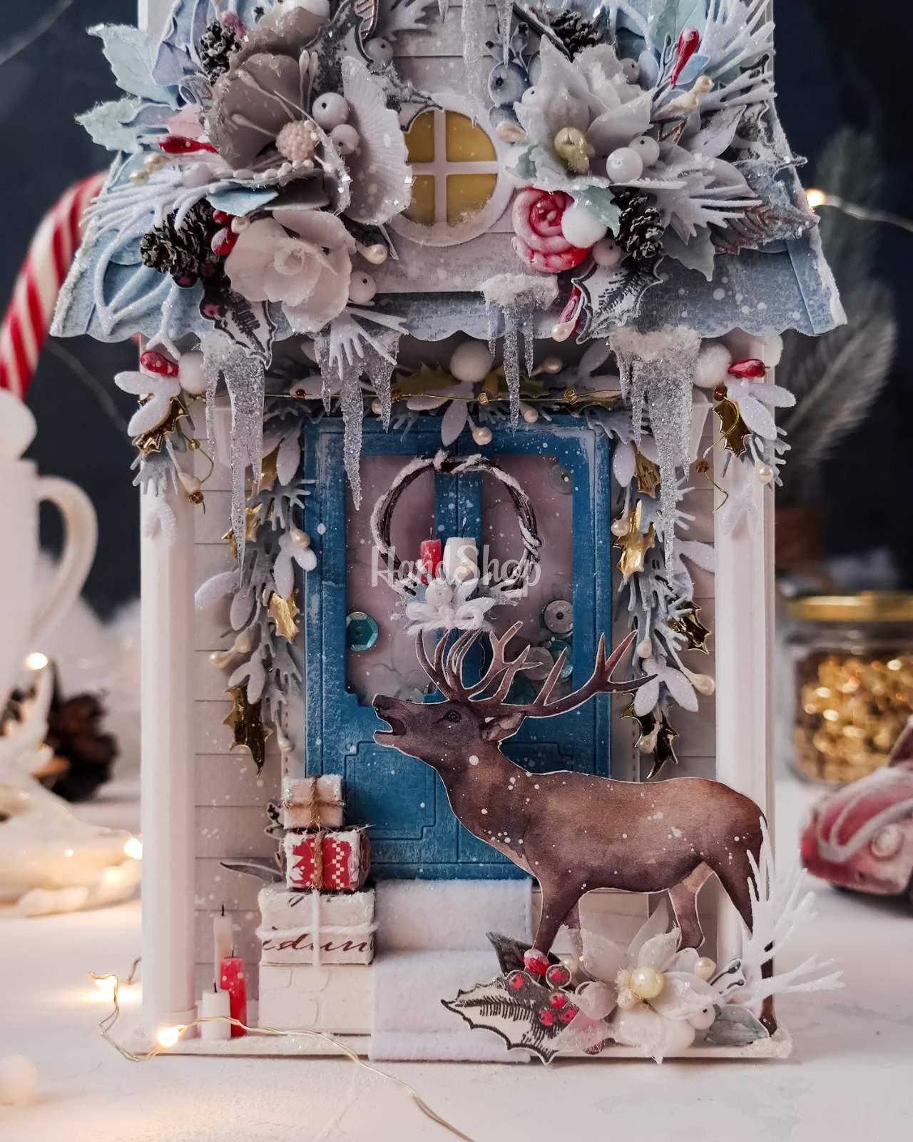 Святкова різдвяна листівка з новим 2025 роком дім олень Святкова різдвяна листівка з новим 2025 роком дім олень