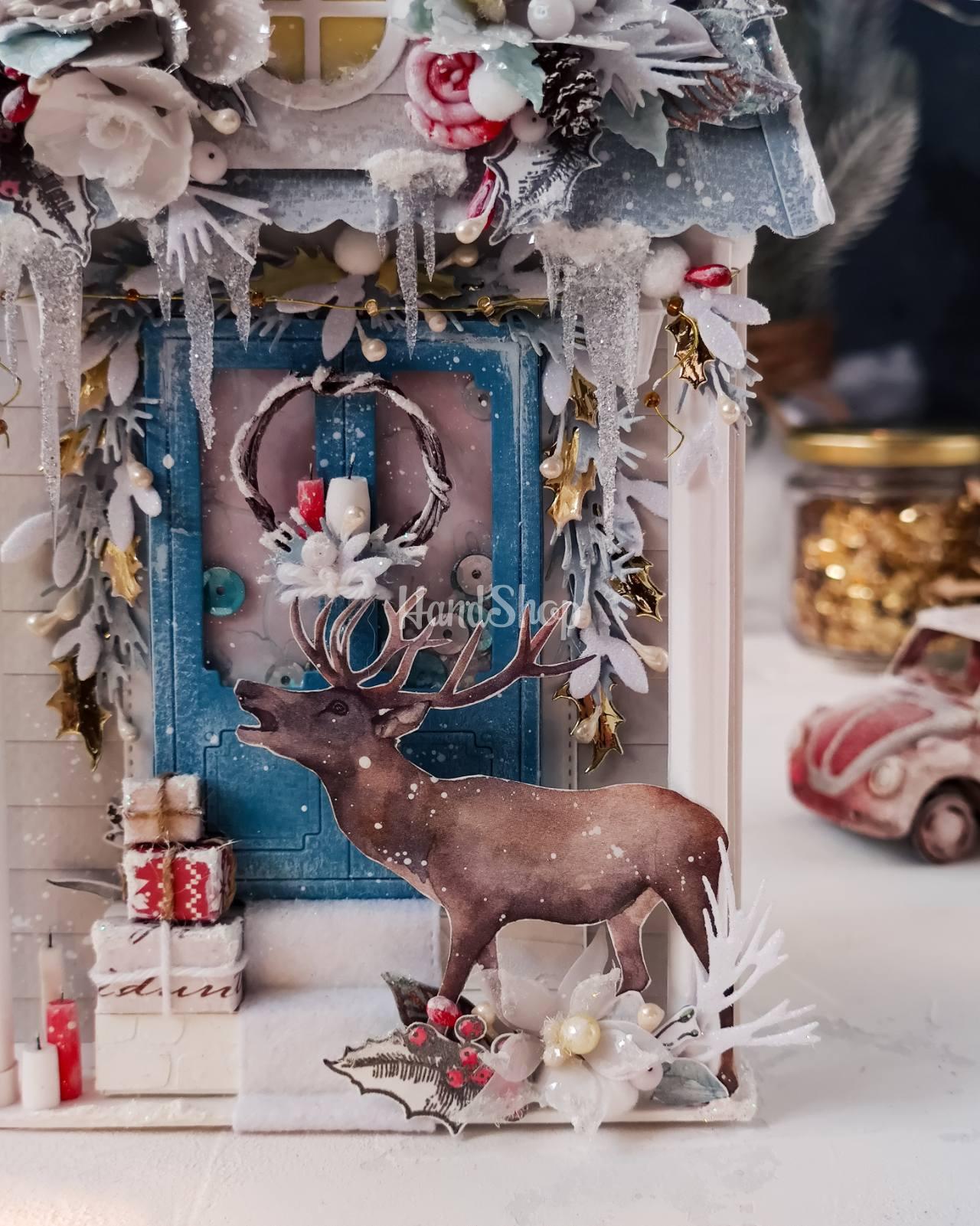 Святкова різдвяна листівка з новим 2025 роком дім олень Святкова різдвяна листівка з новим 2025 роком дім олень