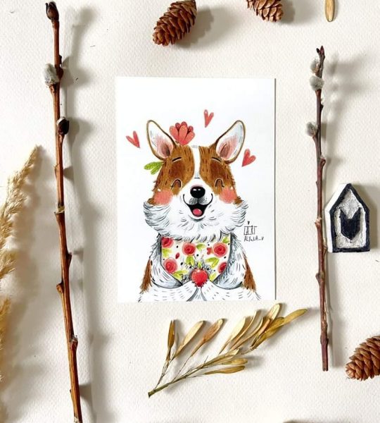 Вітальна жіноча листівка собачка коргі з квітами
