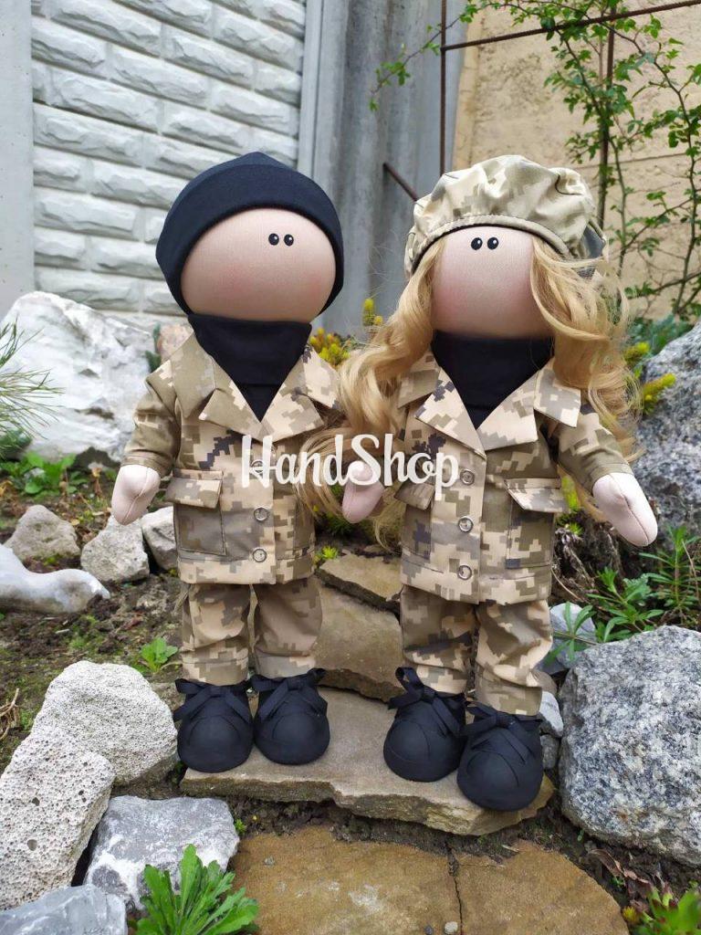Текстильные куклы ручной работы молодожены военные — фото 2