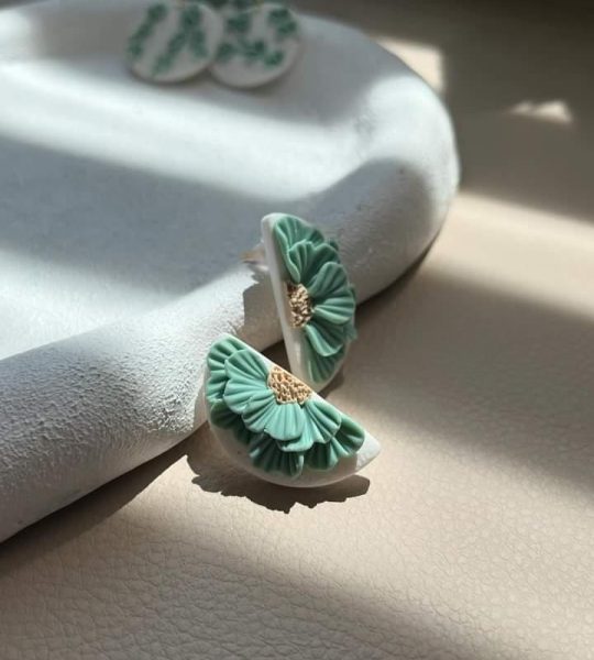 Сережки бірюзова квітка половинки з полімерної глини