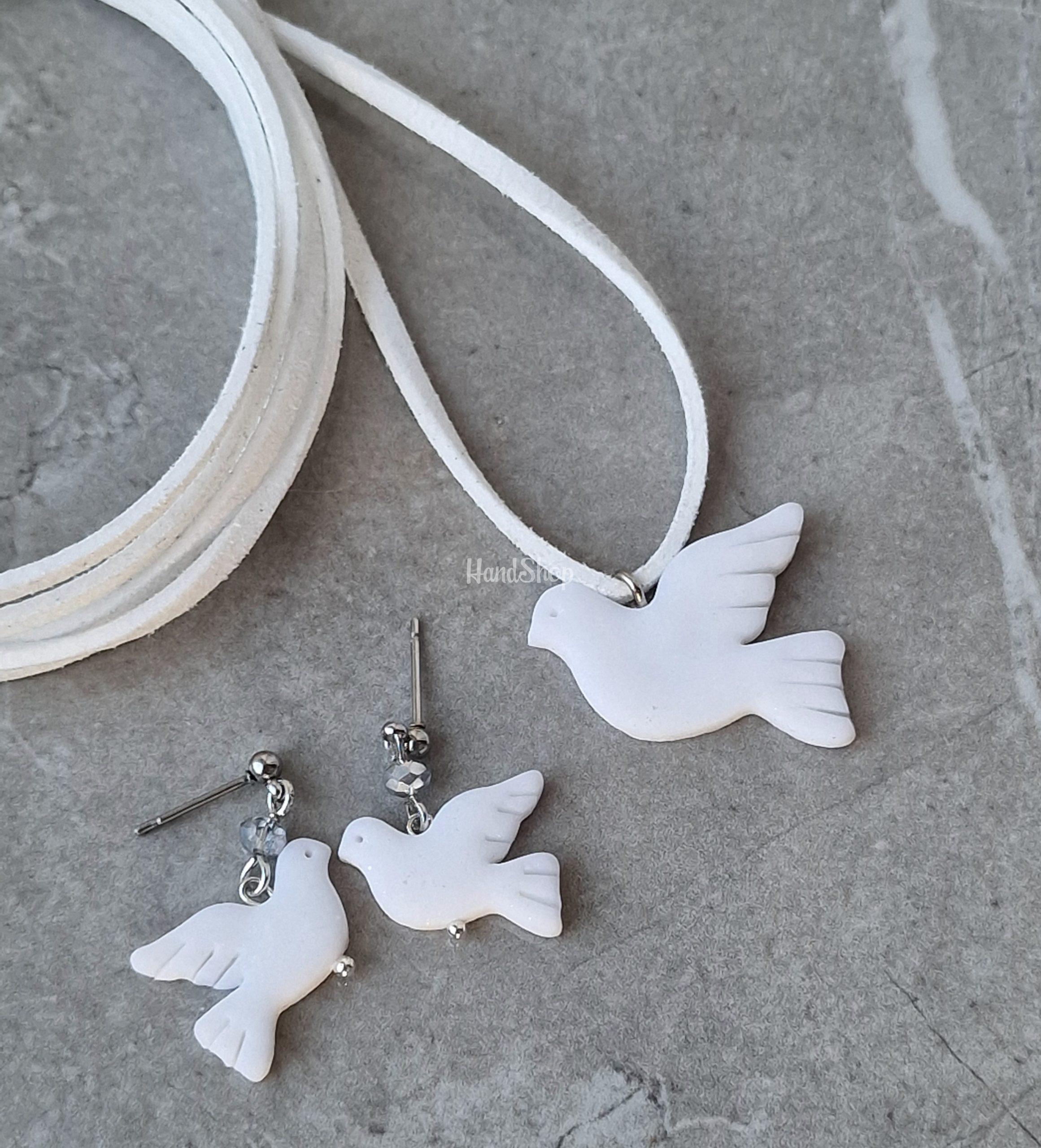 Комплект сережки та кулон горлиці з полімерної глини Комплект сережки та кулон горлиці з полімерної глини