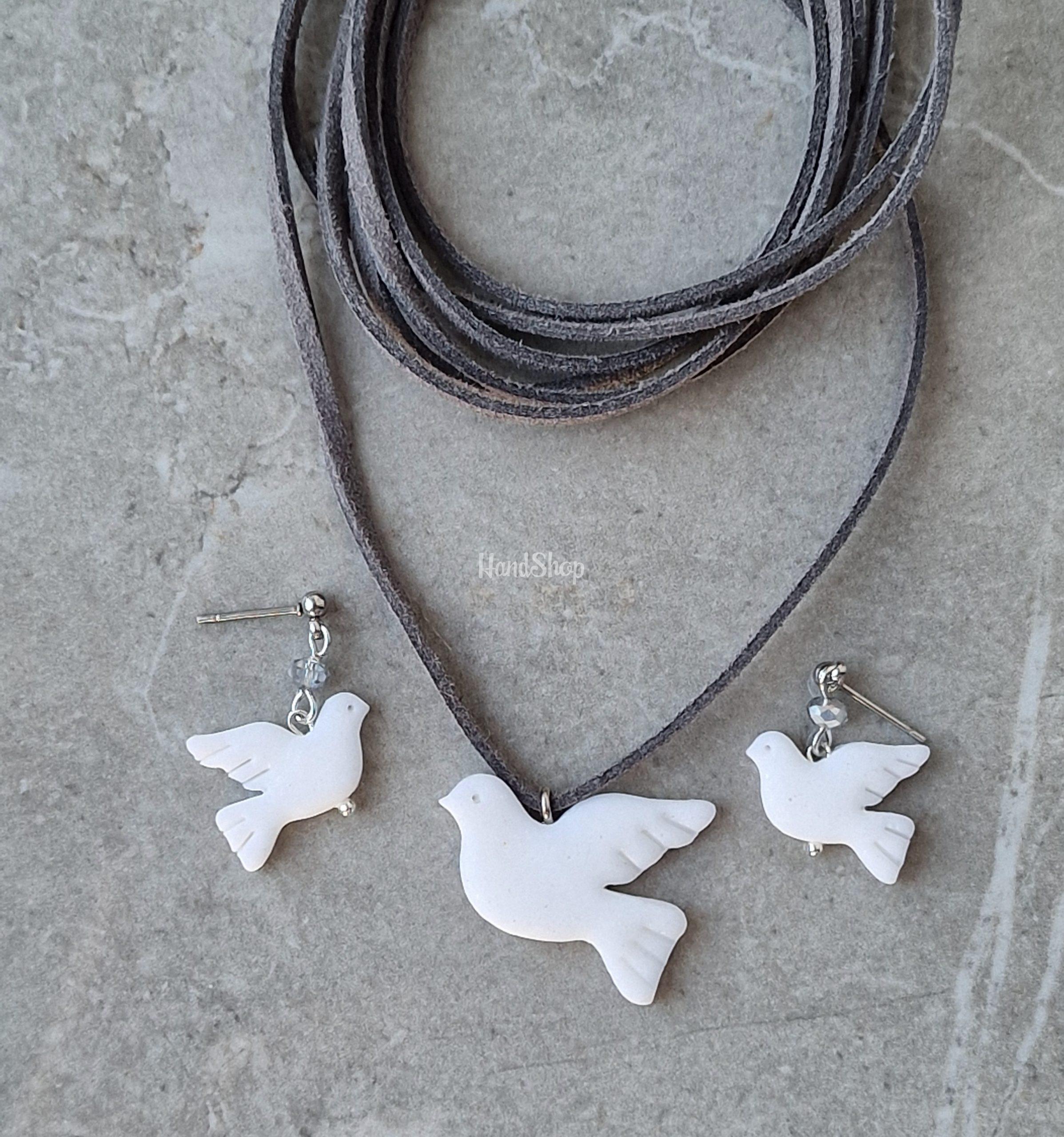 Комплект сережки та кулон горлиці з полімерної глини Комплект сережки та кулон горлиці з полімерної глини