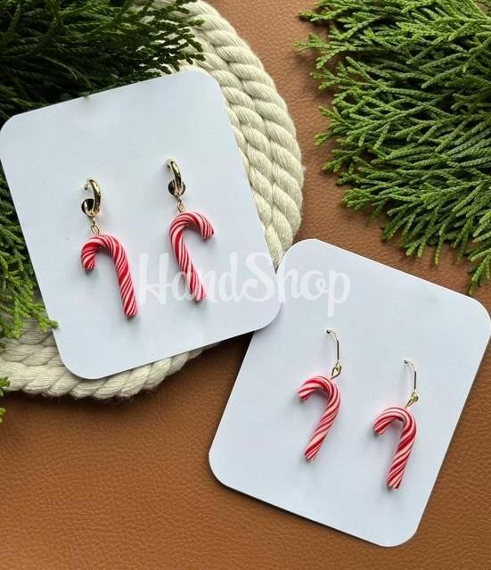 Новорічні сережки льодяники червоні тростинки глина 2025 Новорічні сережки льодяники червоні тростинки глина 2025