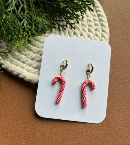 Новорічні сережки льодяники червоні тростинки глина 2025