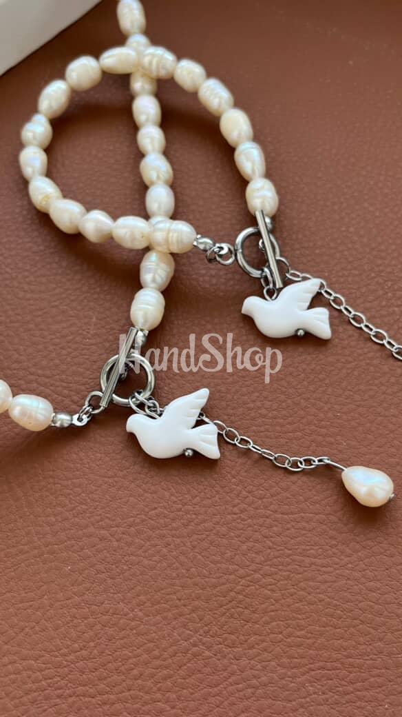 Намисто колье та браслет білі голубки глина, річкові перли Намисто колье та браслет білі голубки глина, річкові перли