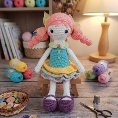 Авторська в'язана лялька Пеппі в яскравій сукні ручної роботи