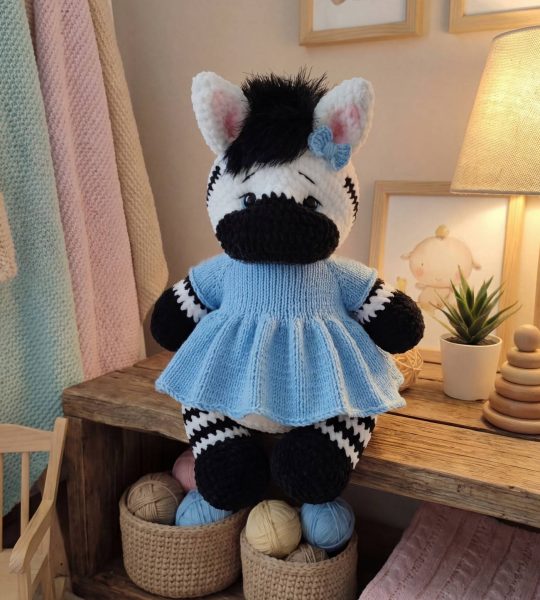 Велика авторська м’яка іграшка зебра дівчинка у сукні