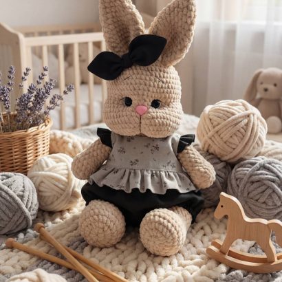 Сувенірна м'яка іграшка зая дівчинка з бантом та в комбінезоні