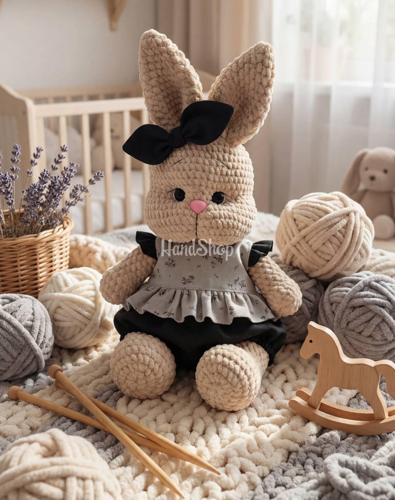 Сувенірна м'яка іграшка зая дівчинка з бантом та в комбінезоні Сувенірна м'яка іграшка зая дівчинка з бантом та в комбінезоні