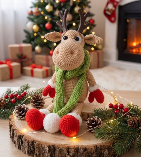 Новорічна в'язана іграшка олень Рудольф 2026 на Різдво
