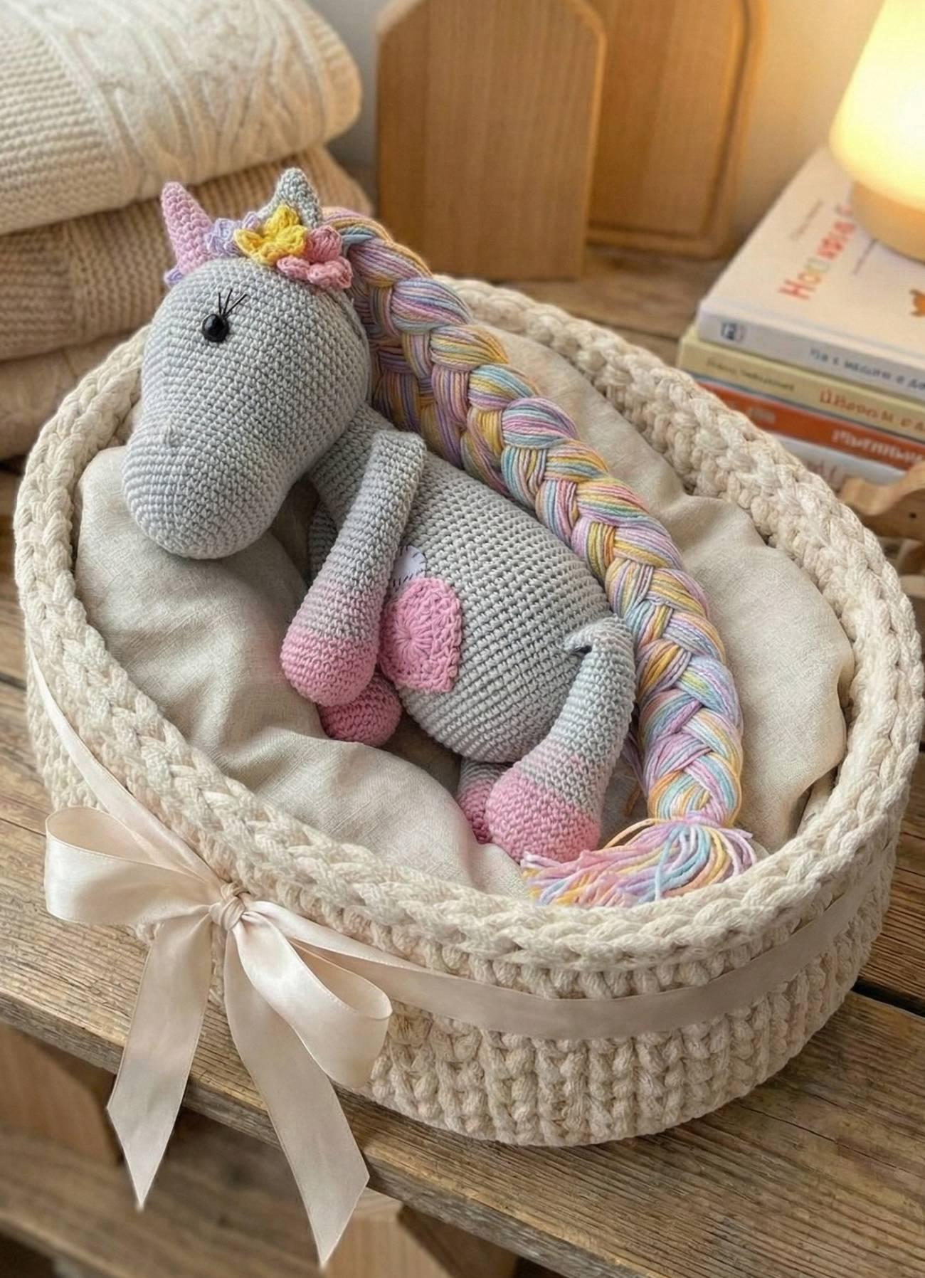 Іграшка в’язана єдиноріжка сіра з довгими косичками та квітами Іграшка в’язана єдиноріжка сіра з довгими косичками та квітами