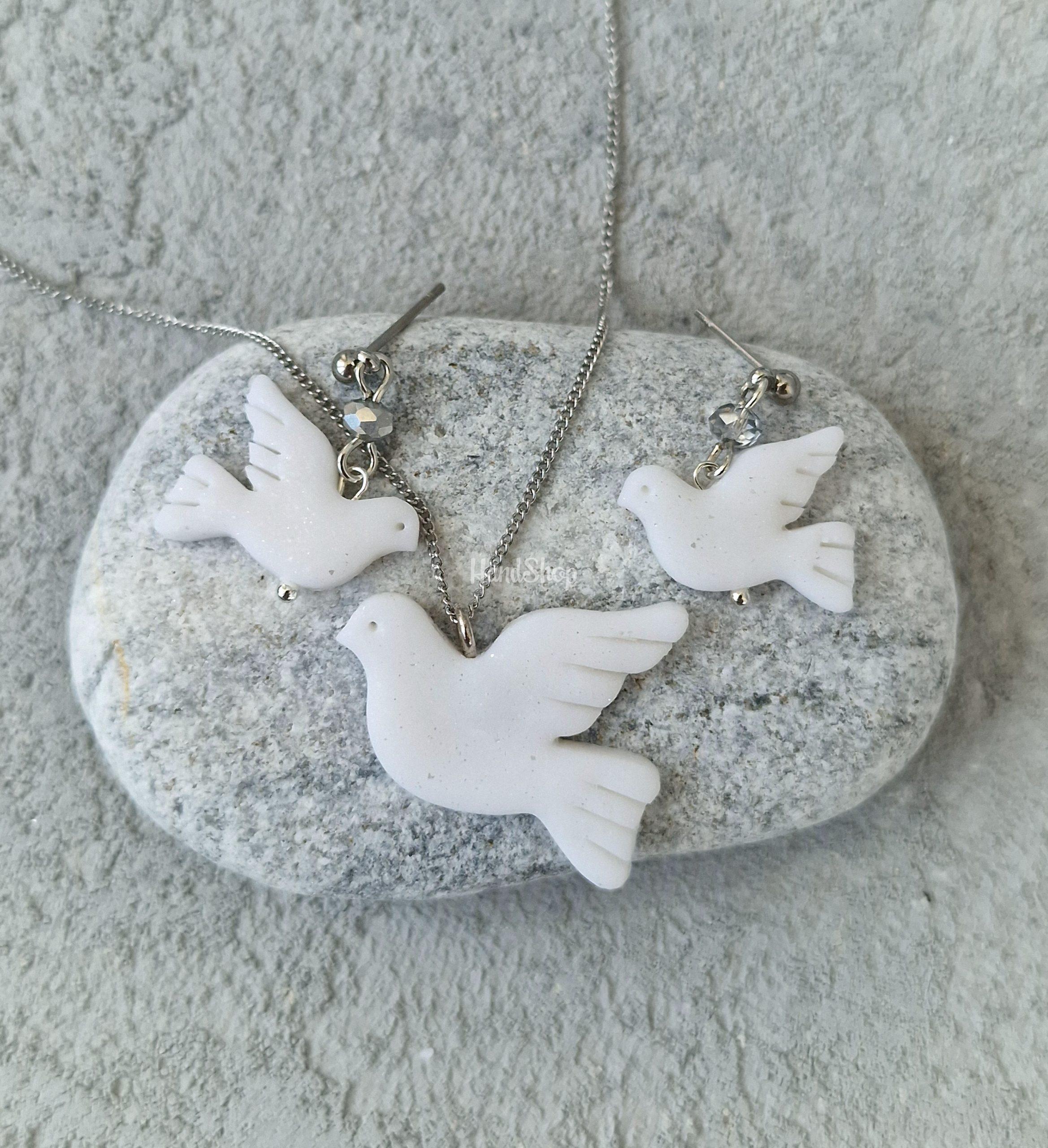 Комплект сережки та кулон білі горлиці миру з полімерної глини Комплект сережки та кулон білі горлиці миру з полімерної глини