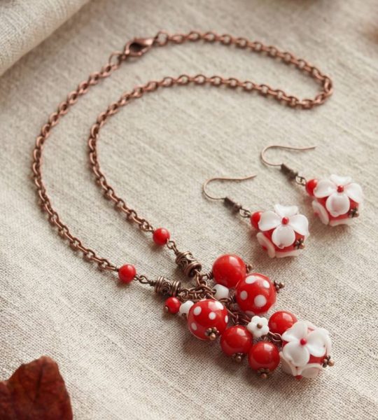 Комплект прикрас сережки та кулон намистини лемпворк скло