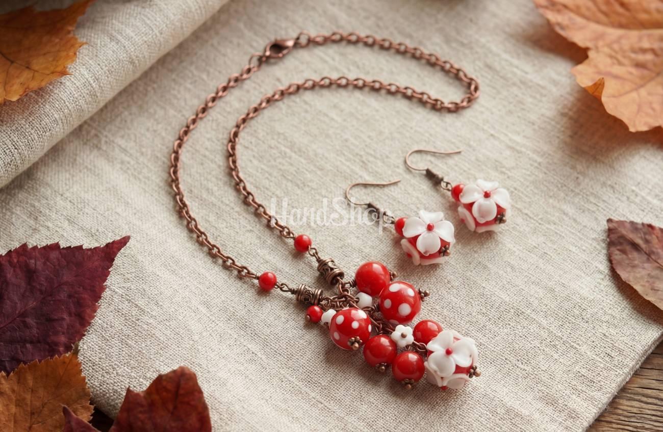 Комплект прикрас сережки та кулон намистини лемпворк скло Комплект прикрас сережки та кулон намистини лемпворк скло