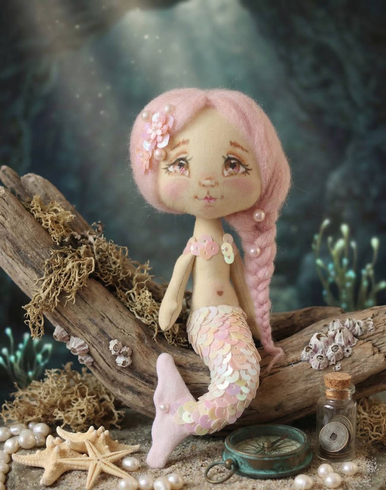 Ексклюзивна дитяча лялька русалка з рожевою косою та хвостом з паєток 15 см - казковий сувенір для дівчинки