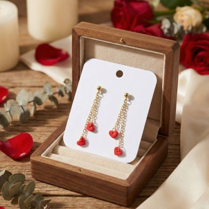 Довгі сережки міні червоні сердечка на ланцюжку глина