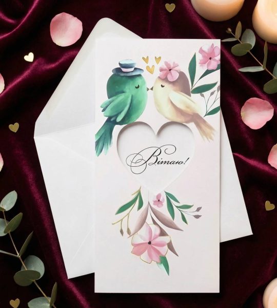 Романтична весільна листівка конверт пташечки пара