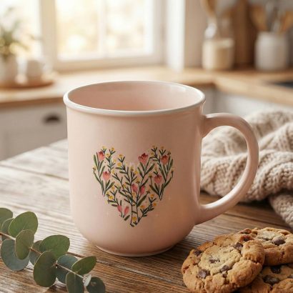 Порцелянова сувенірна чашка сердце з квітами деколь 400 мл