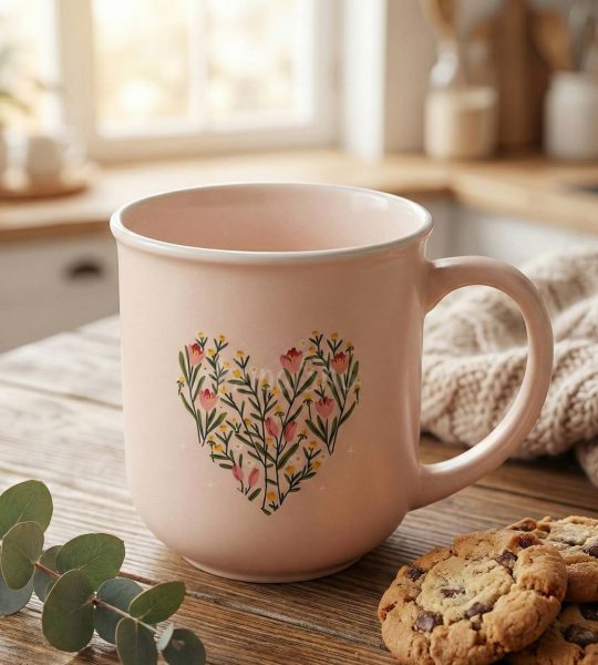 Порцелянова сувенірна чашка сердце з квітами деколь 400 мл