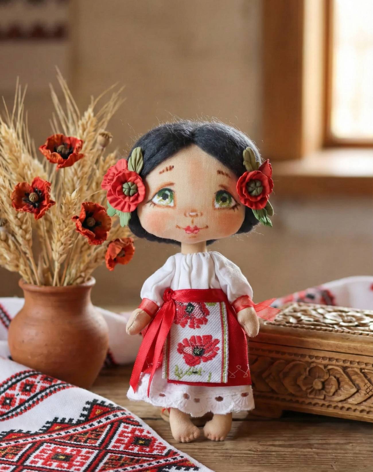 Чорнява україночка з польовими маками - авторська текстильна лялька ручної роботи з душею України