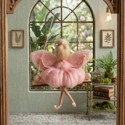 Лялька білявка ангел в рожевій сукні на дерев’яній качелі