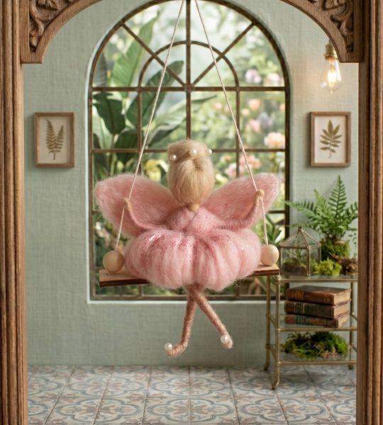 Лялька білявка ангел в рожевій сукні на дерев’яній качелі