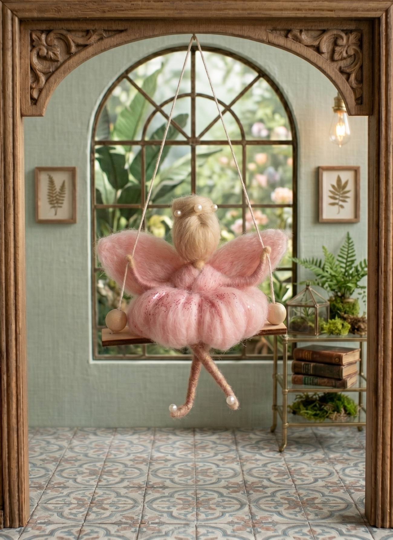 Авторська сувенірна лялька балерина ангел у рожевій сукні - ніжна підвіска з вовни на День матері