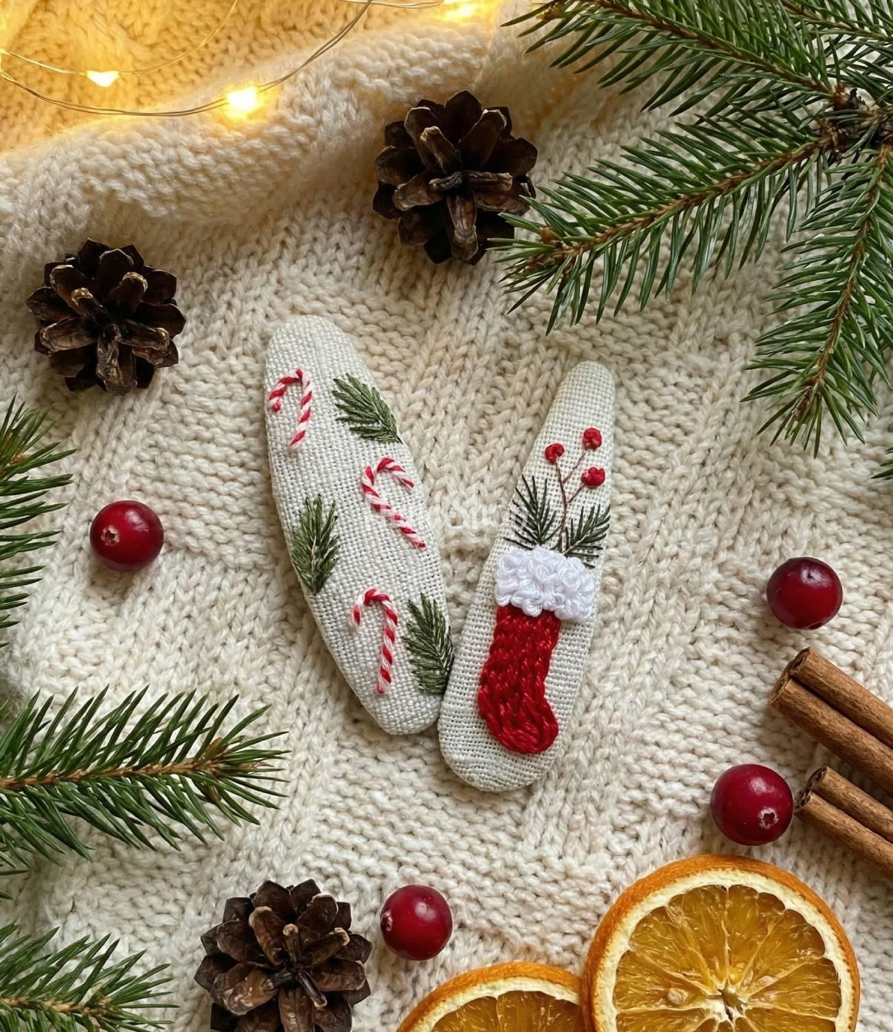 Різдвяні заколки льодяники чобіток, ручна вишивка 2 шт! Різдвяні заколки льодяники чобіток, ручна вишивка 2 шт!