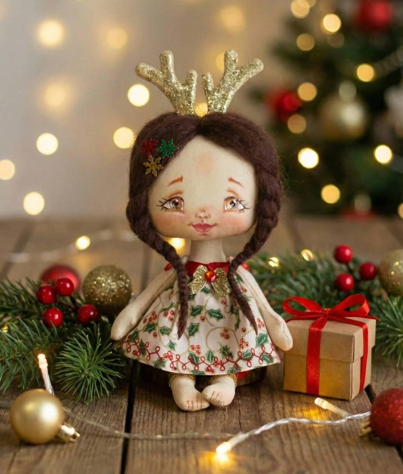 Текстильна новорічна маленька лялька оленятко сувенір 2026 Текстильна новорічна маленька лялька оленятко сувенір 2026