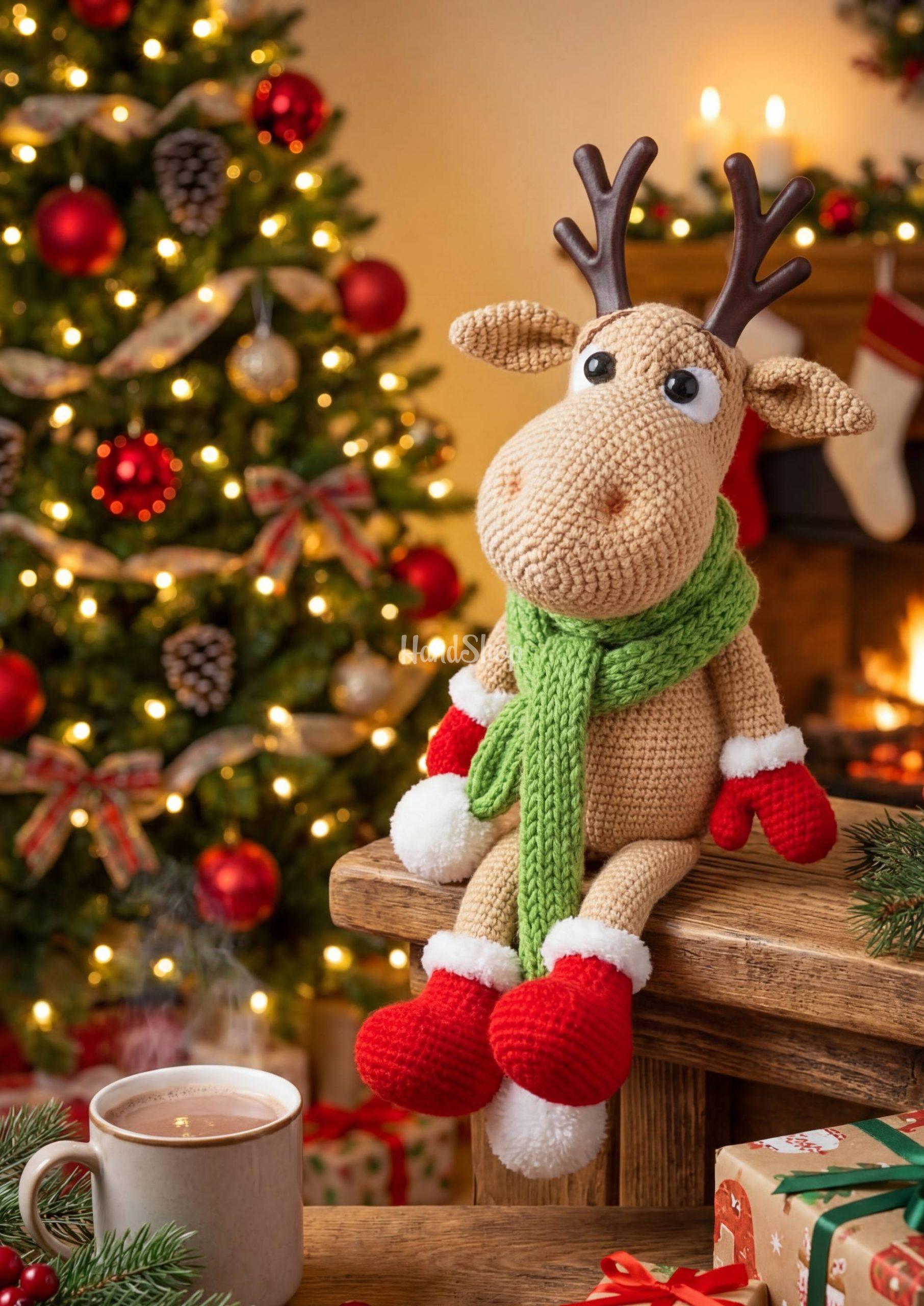 Новорічна в'язана іграшка олень Рудольф 2026 на Різдво Новорічна в'язана іграшка олень Рудольф 2026 на Різдво