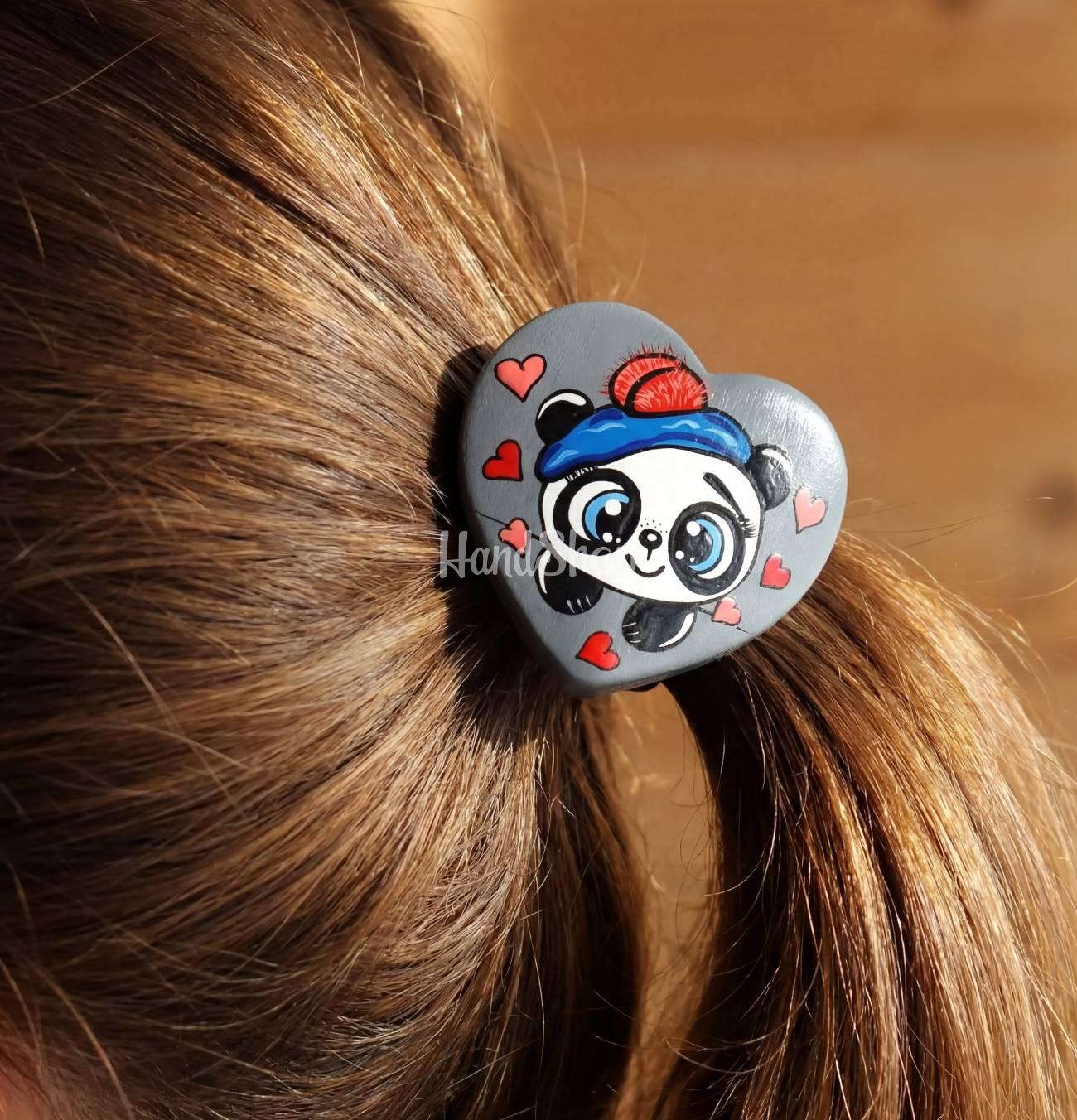 Дитяча резинка для волосся пандочка серце дерево розпис Дитяча резинка для волосся пандочка серце дерево розпис