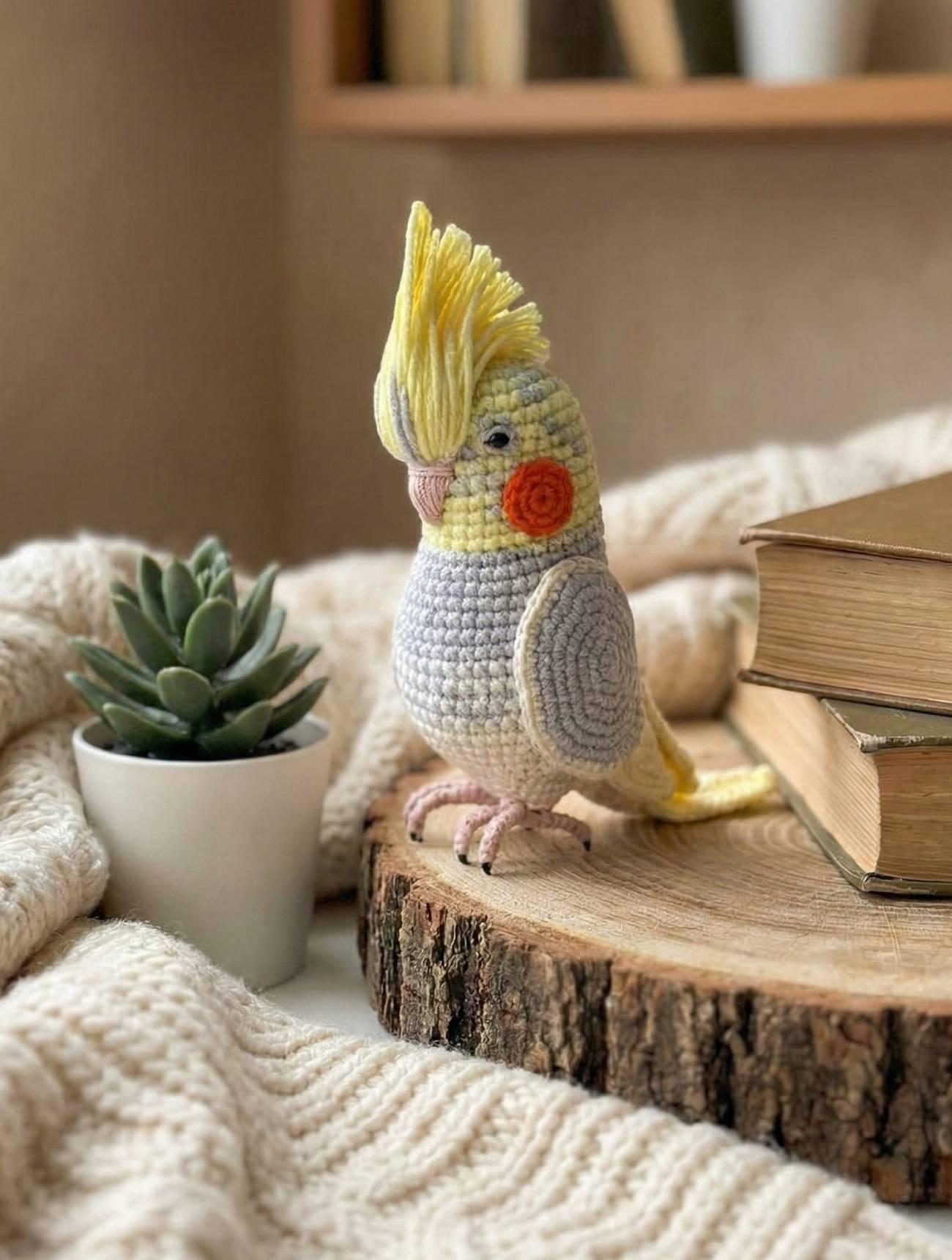 Іграшка в’язаний папуга сувенір в сіро-жовтому кольорі Іграшка в’язаний папуга сувенір в сіро-жовтому кольорі