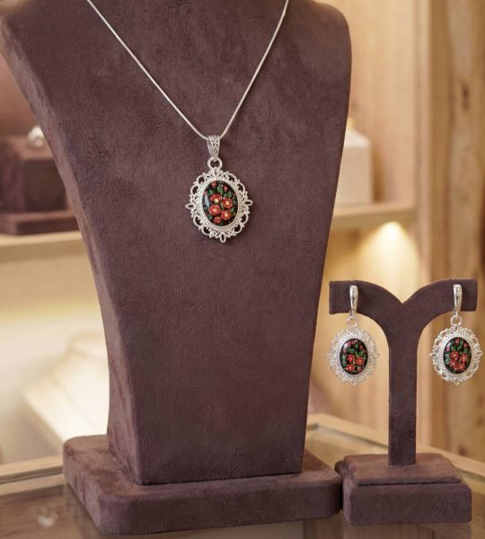 Прикраси зі глини кулон та сережки червоні квіти філігрань