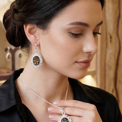 Прикраси зі глини кулон та сережки червоні квіти філігрань