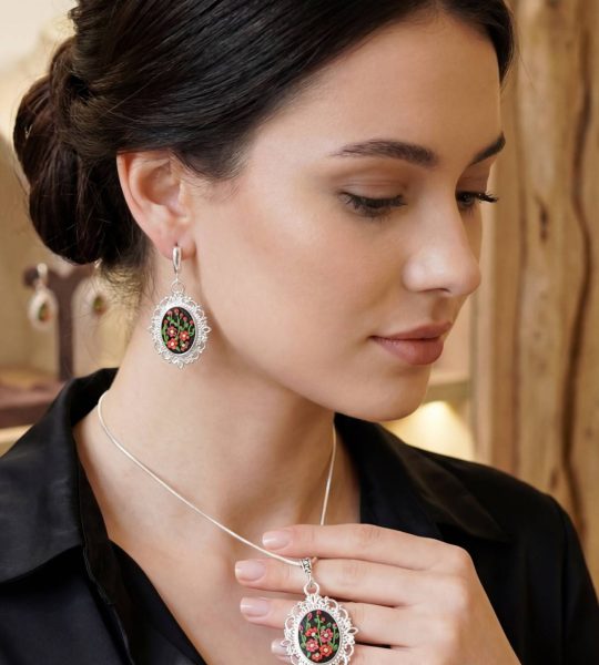 Прикраси зі глини кулон та сережки червоні квіти філігрань