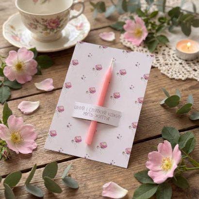 Жіноча листівка рожеві піони зі свічкою, сірником та чиркалом