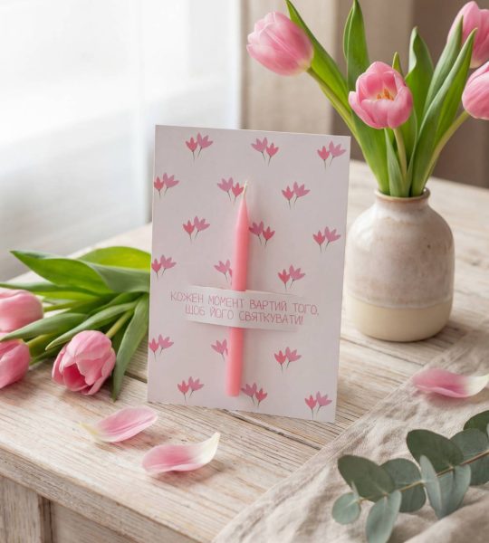 Жіноча листівка рожеві квіти зі свічкою, сірником та чиркалом