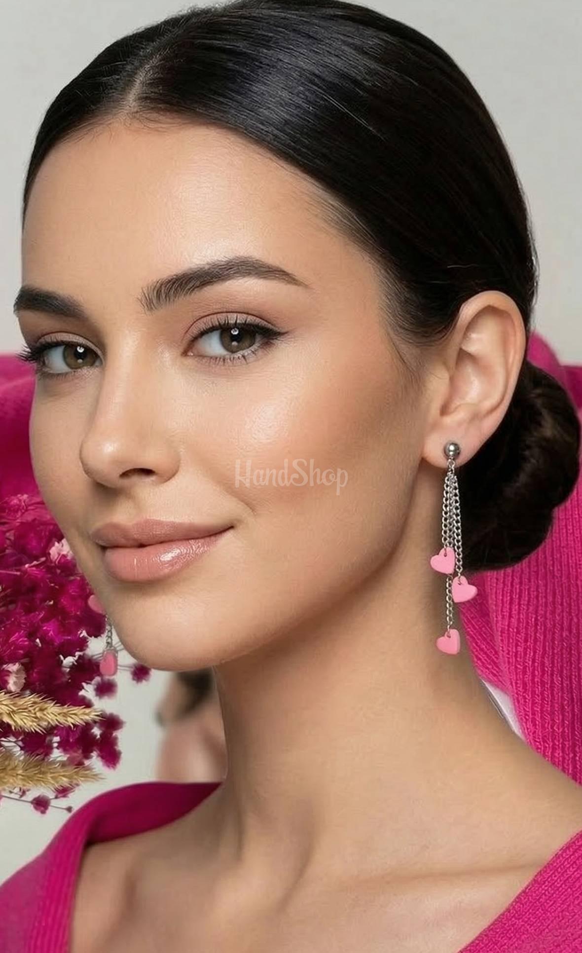 Стильні довгі сережки сердечка рожеві з глини на ланцюжку Стильні довгі сережки сердечка рожеві з глини на ланцюжку