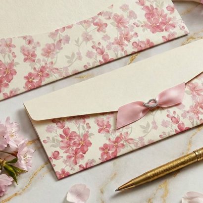 Свадебный красивый конверт для денег розовые цветы и лук