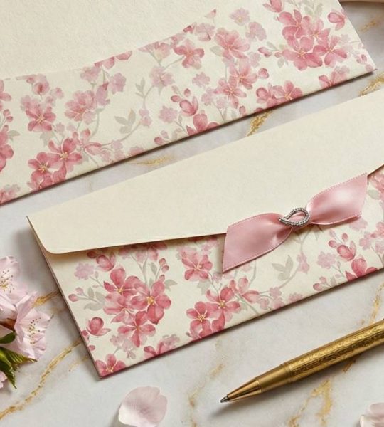 Свадебный красивый конверт для денег розовые цветы и лук