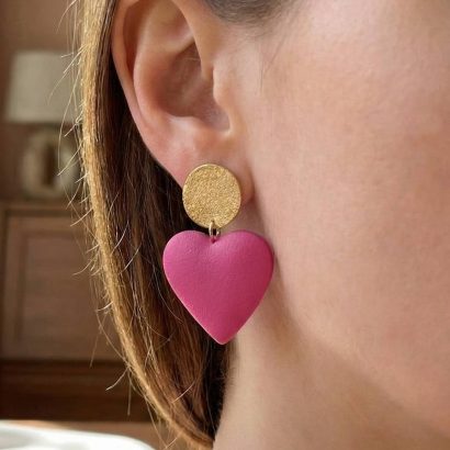 Жіночі сережки рожево-золоті сердечка полімерна глина