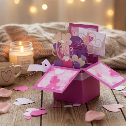 Об'ємна рожева листівка коробочка валентинка амур love
