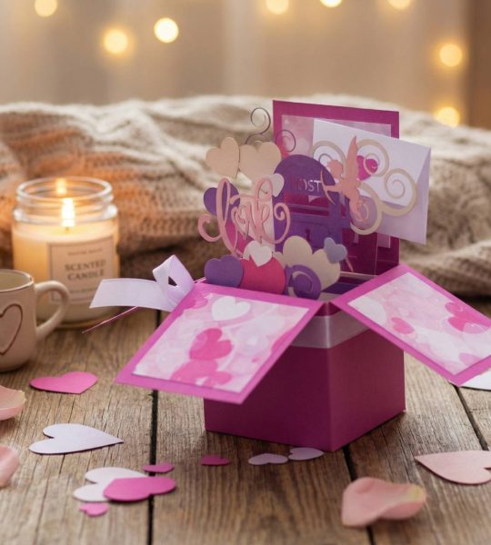 Об'ємна рожева листівка коробочка валентинка амур love