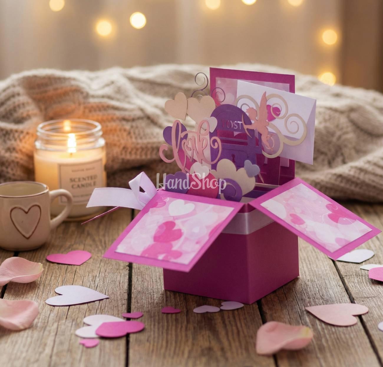 Об'ємна рожева листівка коробочка валентинка амур love Об'ємна рожева листівка коробочка валентинка амур love