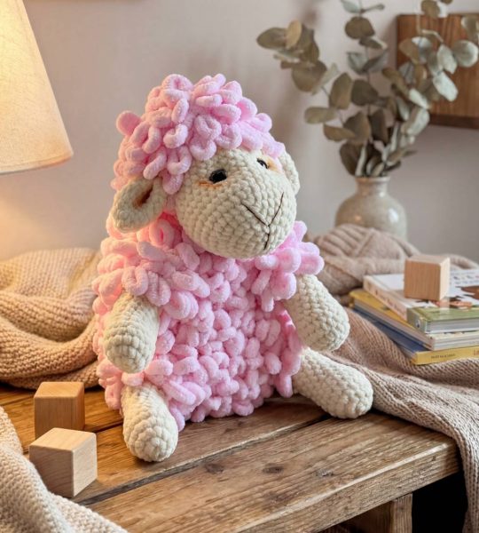 Велика дитяча в’язана іграшка гачком рожева вівця
