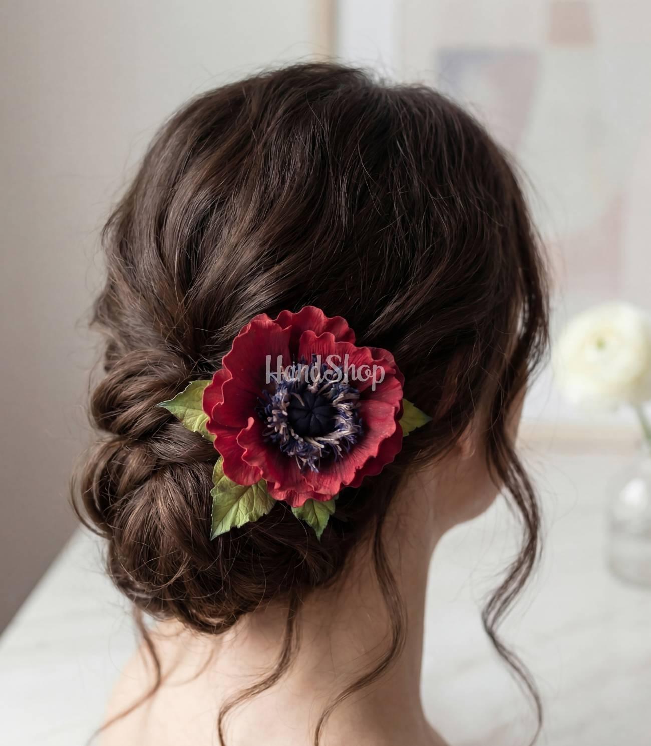 Резинка для волосся польовий червоний мак фоаміран Резинка для волосся польовий червоний мак фоаміран