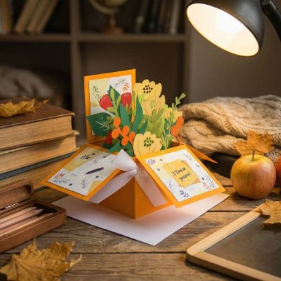 Об’ємна листівка коробочка квіти вчителю на 1 вересня день знань