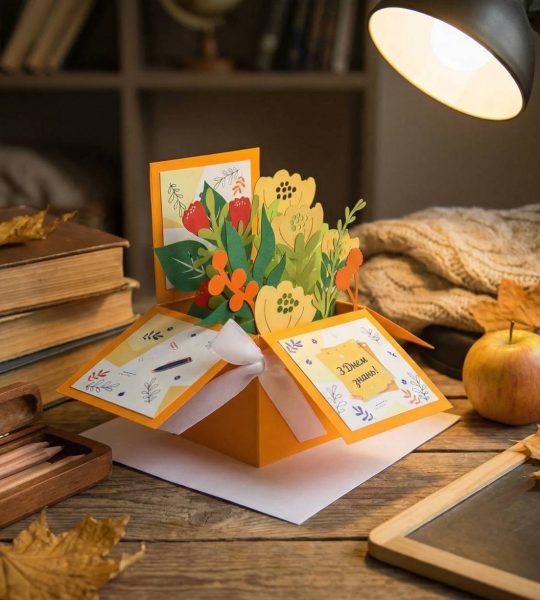 Об’ємна листівка коробочка квіти вчителю на 1 вересня день знань