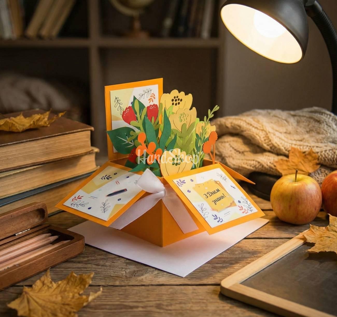 Об’ємна листівка коробочка квіти вчителю на 1 вересня день знань Об’ємна листівка коробочка квіти вчителю на 1 вересня день знань